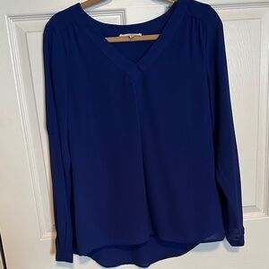 Navy Blouse w Front Pleat & Rolltab Sleeves